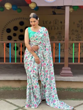 1 Min Green Ready to Wear Chinon silk  Stitched Saree