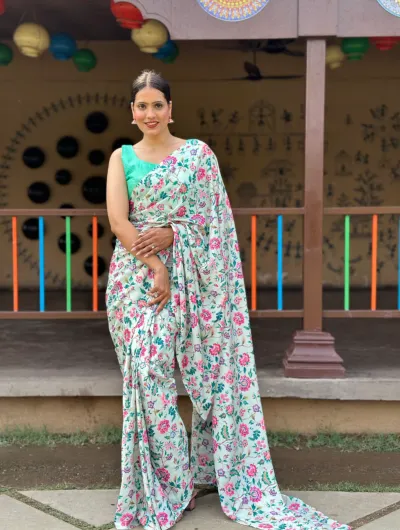 1 Min Green Ready to Wear Chinon silk  Stitched Saree