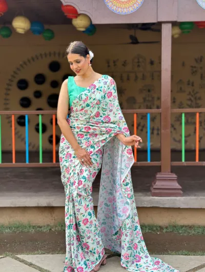 1 Min Green Ready to Wear Chinon silk  Stitched Saree