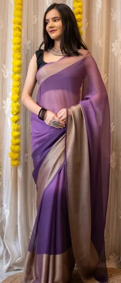 1 Min Lavender Soft Chiffon Silk Stitched Readymade Saree