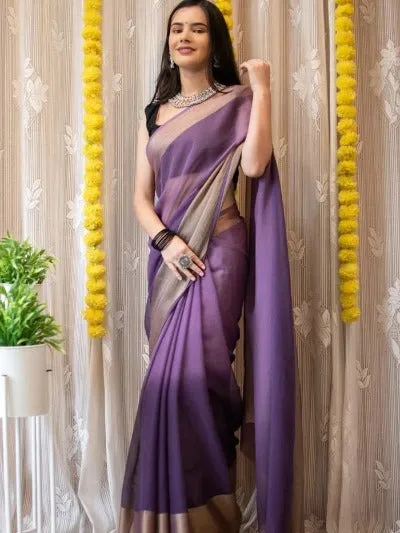 1 Min Lavender Soft Chiffon Silk Stitched Readymade Saree