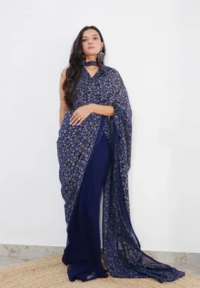 1 Min Navy Blue Georgette Bandhani Print Stitched Readymade Saree