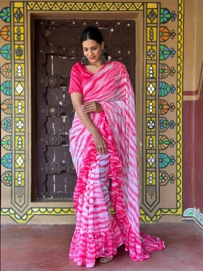 1 Min Pink Georgette Designer Ruffle Stitched Readymade Saree