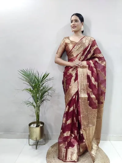 1 Min Red Organza Silk Stitched Read to wear Sari