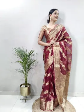 1 Min Red Organza Silk Stitched Read to wear Sari