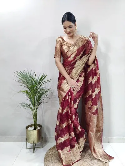 1 Min Red Organza Silk Stitched Read to wear Sari