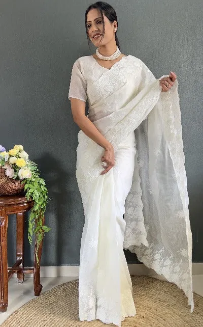 1 Min White Soft Kota Doriya Stitched Readymade Saree