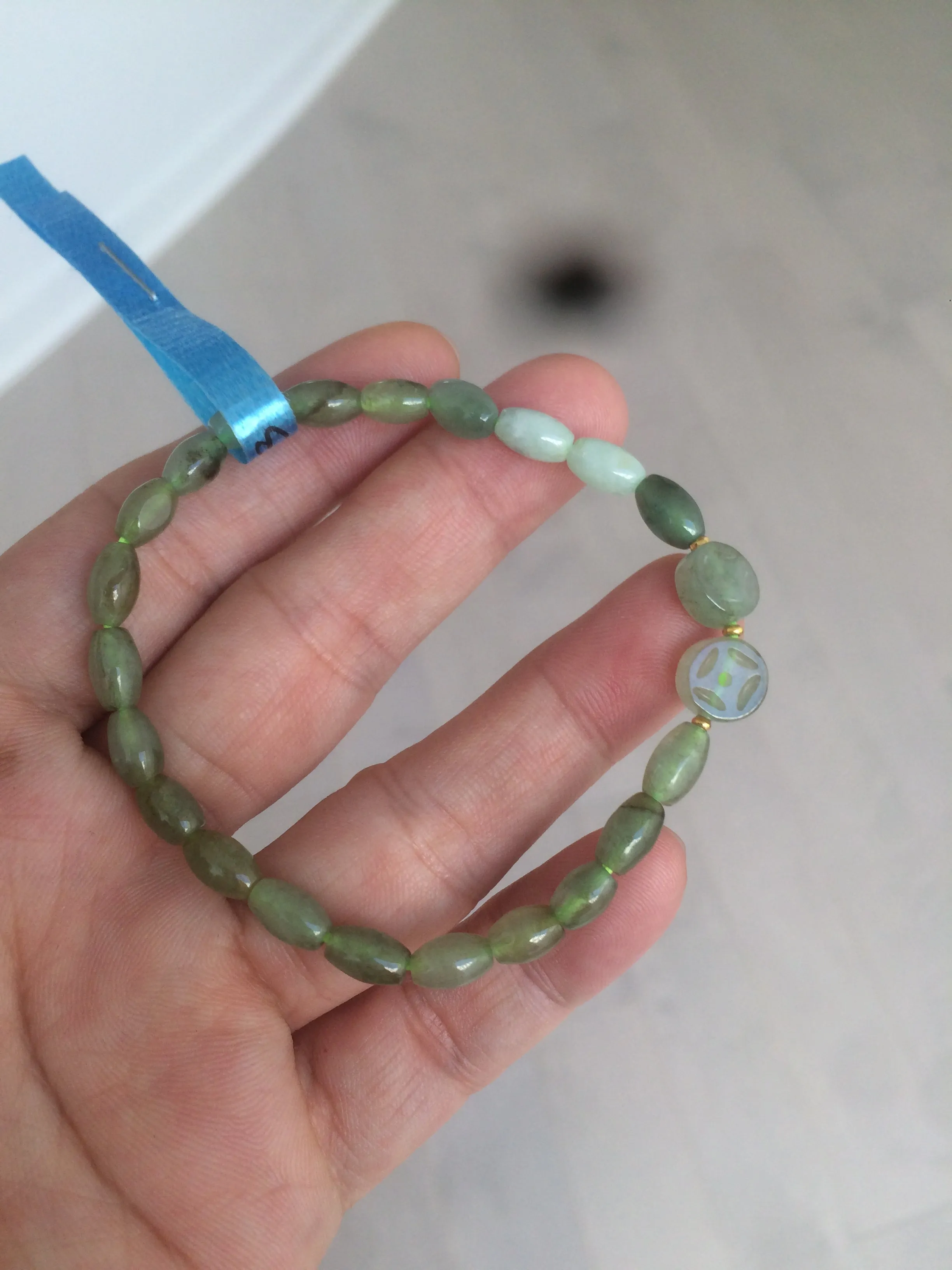 100% natural green/white Icy watery type A jadeite jade olive ancient Chinese coin/four-leaf clover bead bracelet  AS32