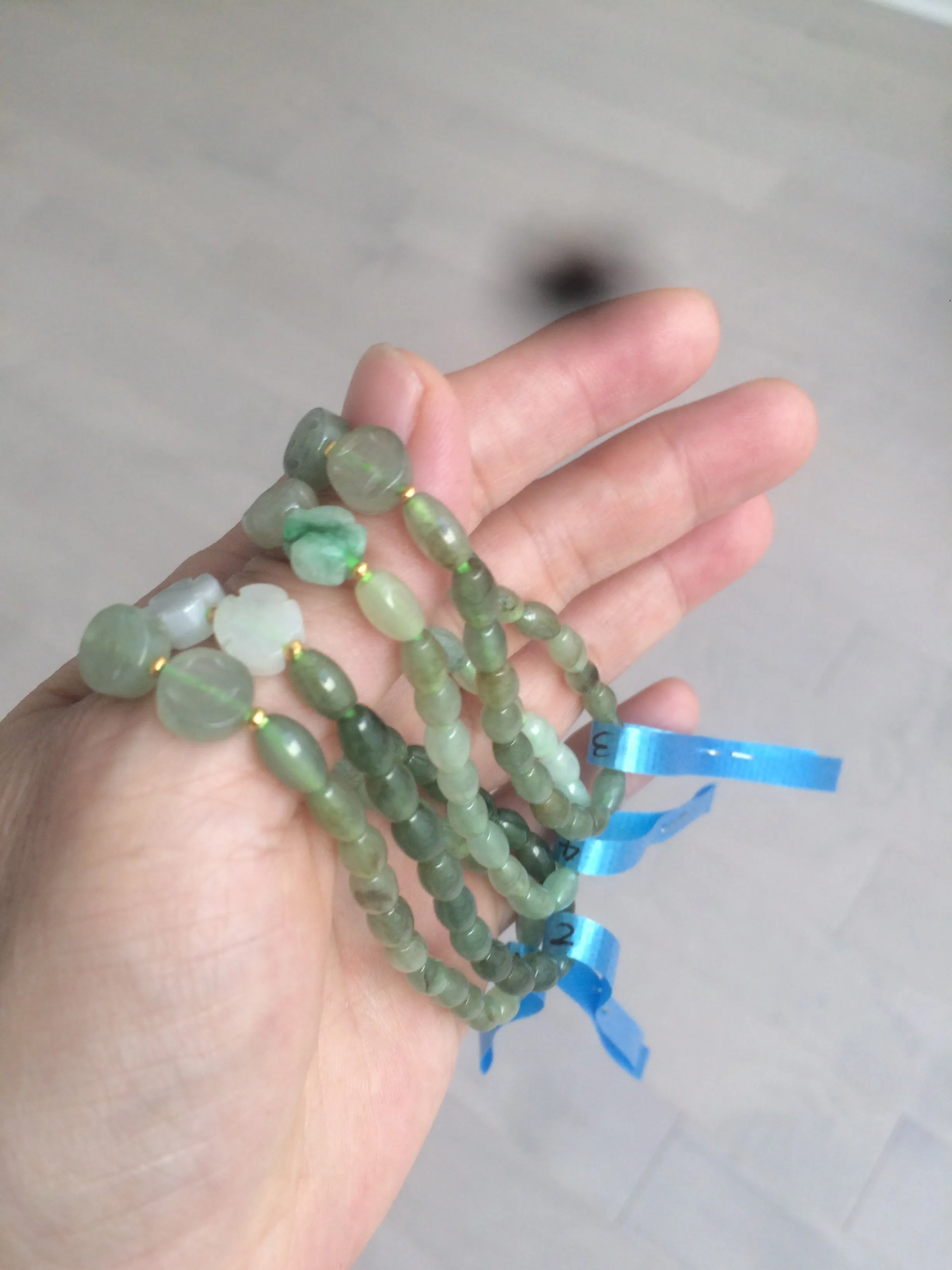 100% natural green/white Icy watery type A jadeite jade olive ancient Chinese coin/four-leaf clover bead bracelet  AS32