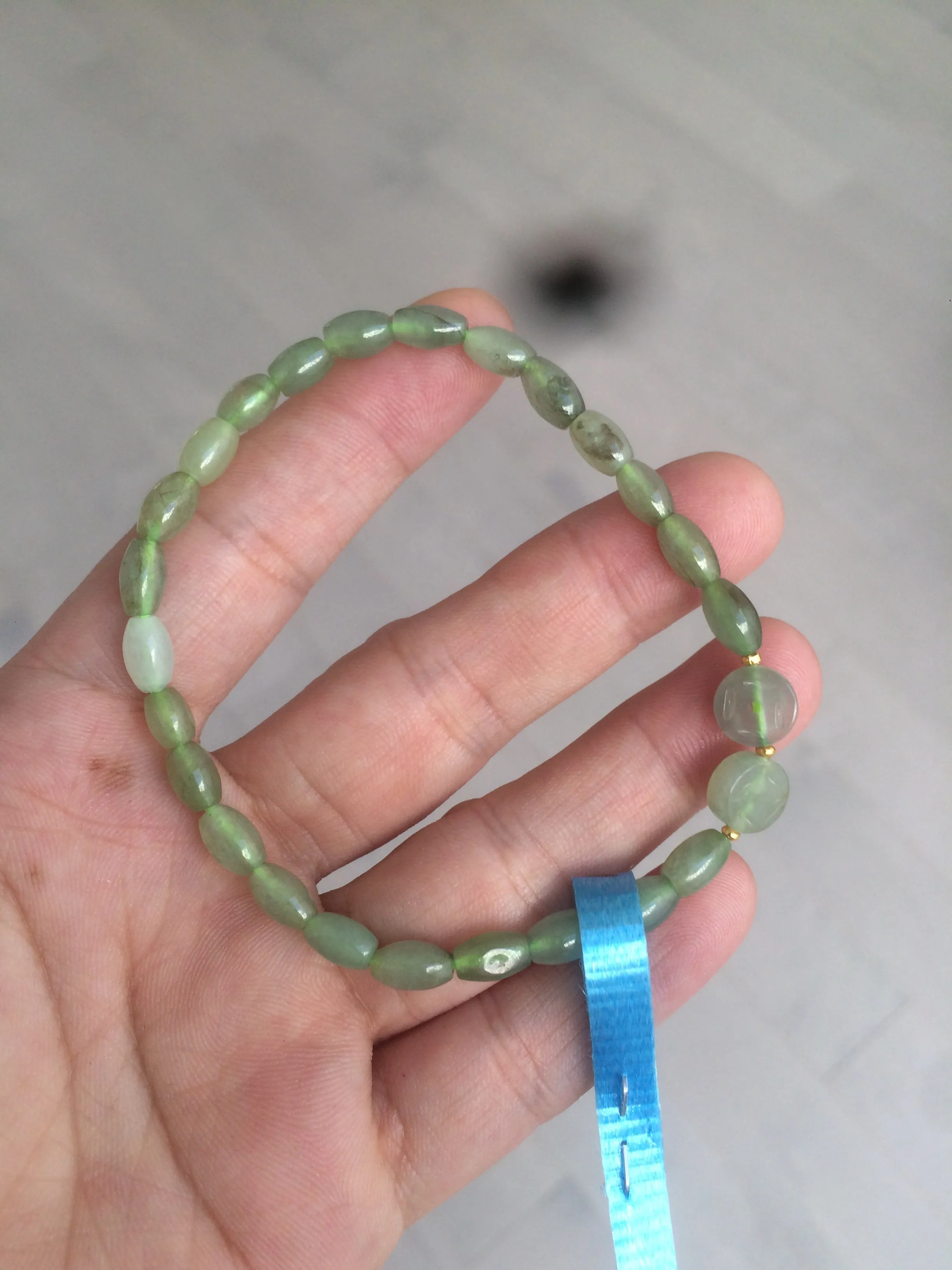 100% natural green/white Icy watery type A jadeite jade olive ancient Chinese coin/four-leaf clover bead bracelet  AS32