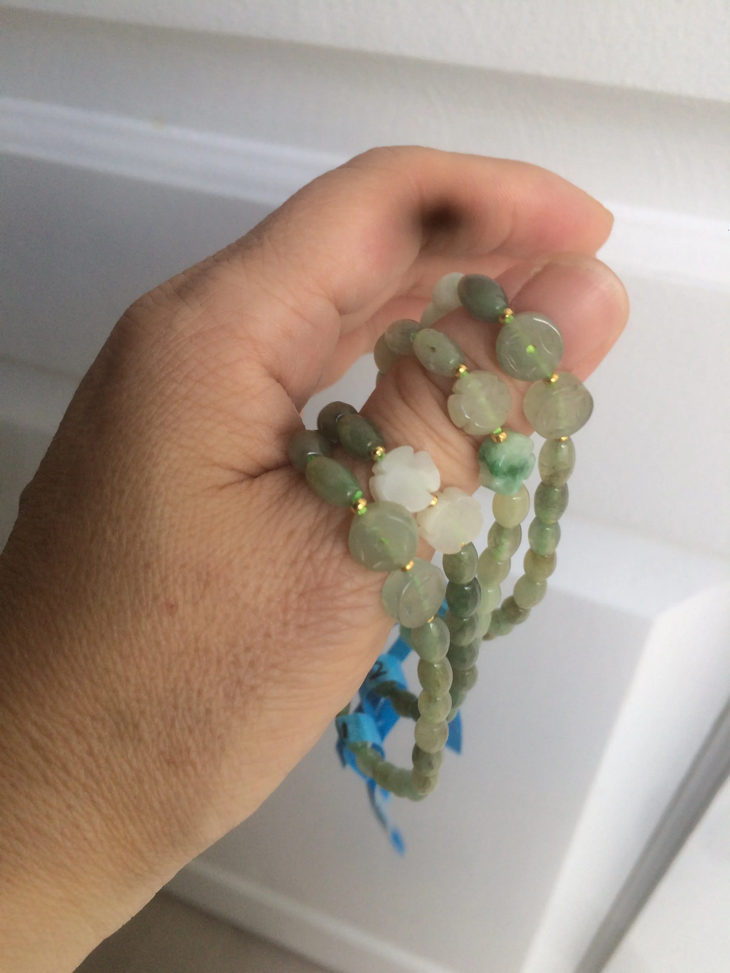 100% natural green/white Icy watery type A jadeite jade olive ancient Chinese coin/four-leaf clover bead bracelet  AS32