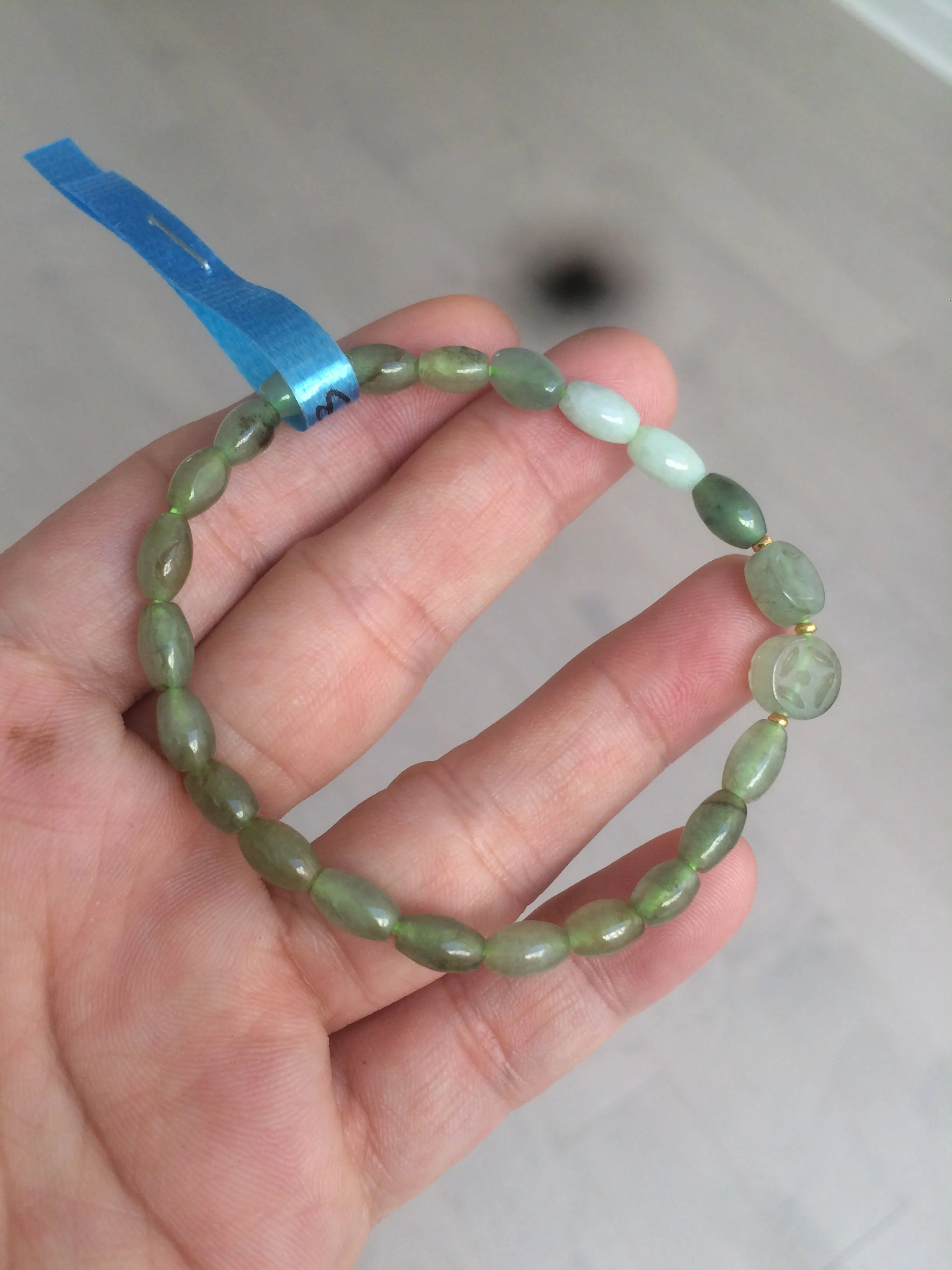 100% natural green/white Icy watery type A jadeite jade olive ancient Chinese coin/four-leaf clover bead bracelet  AS32