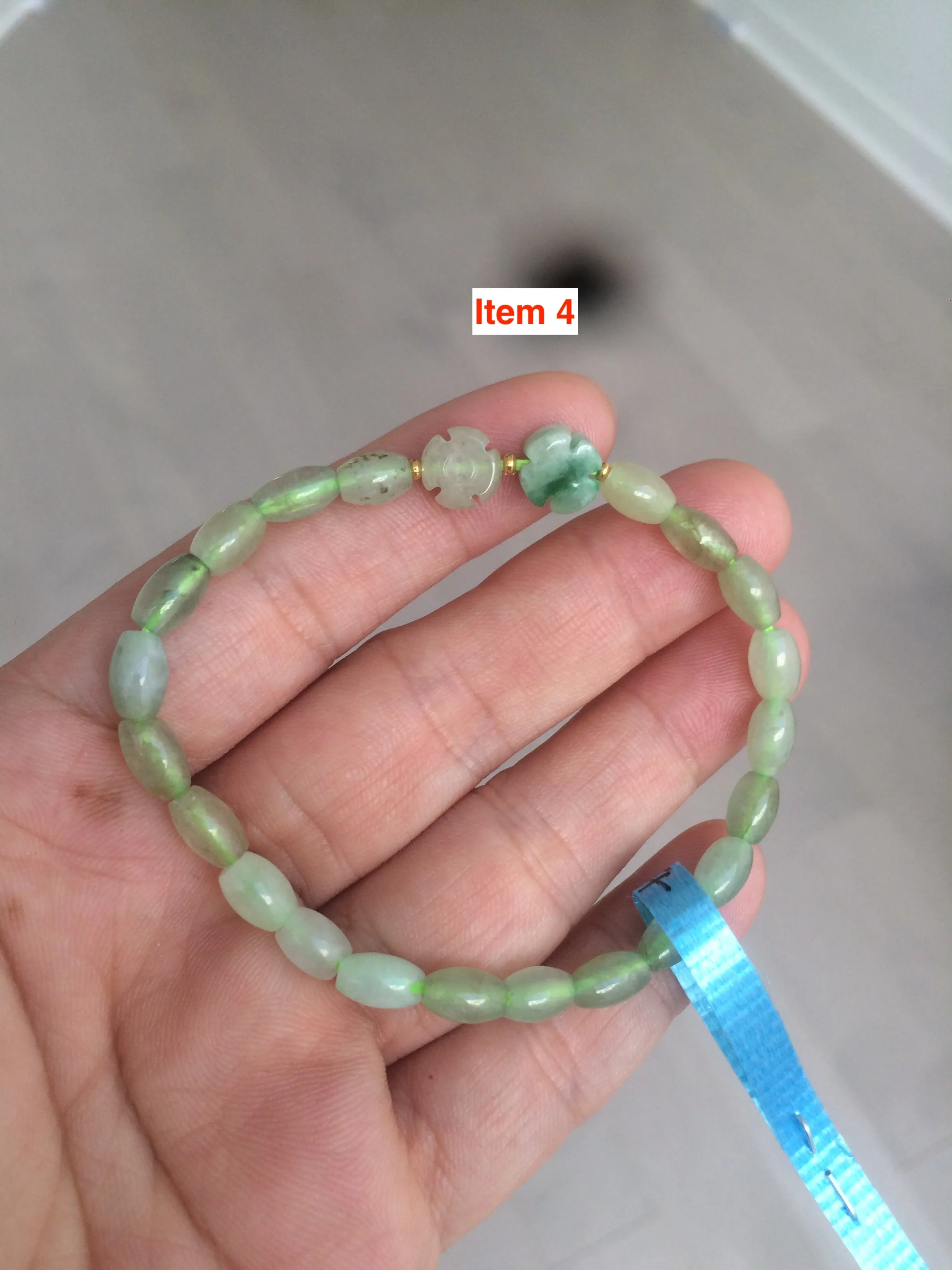 100% natural green/white Icy watery type A jadeite jade olive ancient Chinese coin/four-leaf clover bead bracelet  AS32