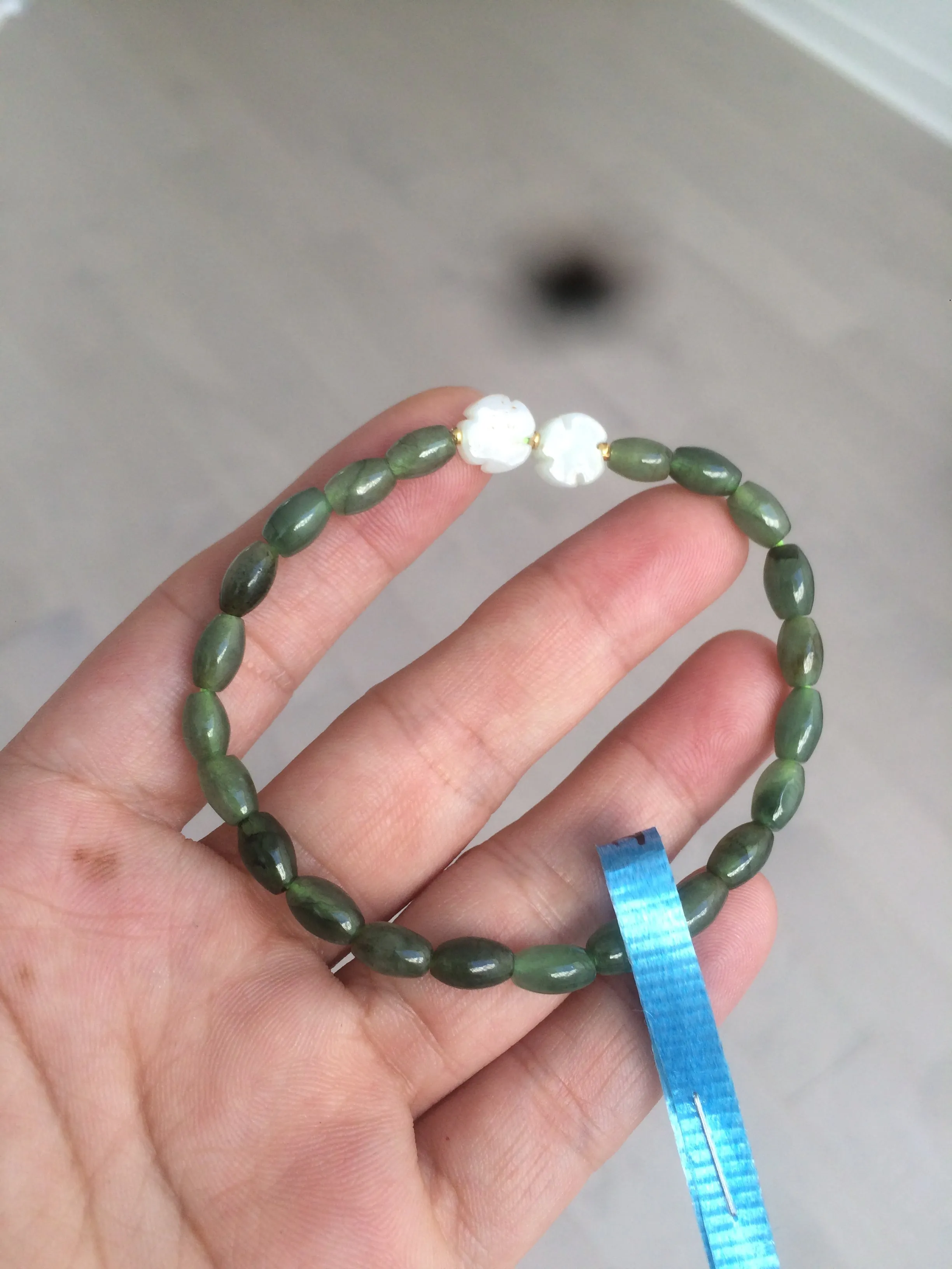 100% natural green/white Icy watery type A jadeite jade olive ancient Chinese coin/four-leaf clover bead bracelet  AS32