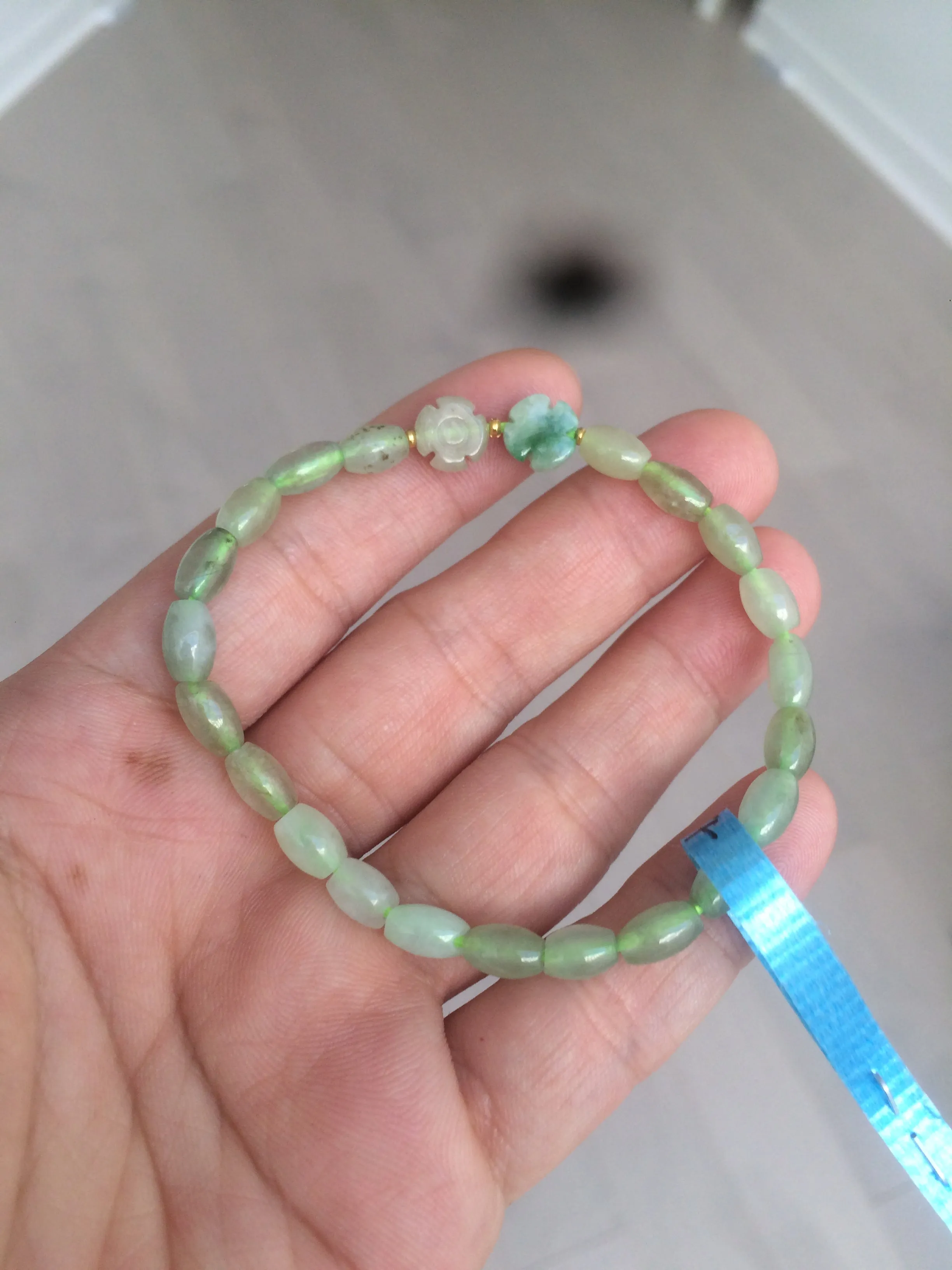 100% natural green/white Icy watery type A jadeite jade olive ancient Chinese coin/four-leaf clover bead bracelet  AS32