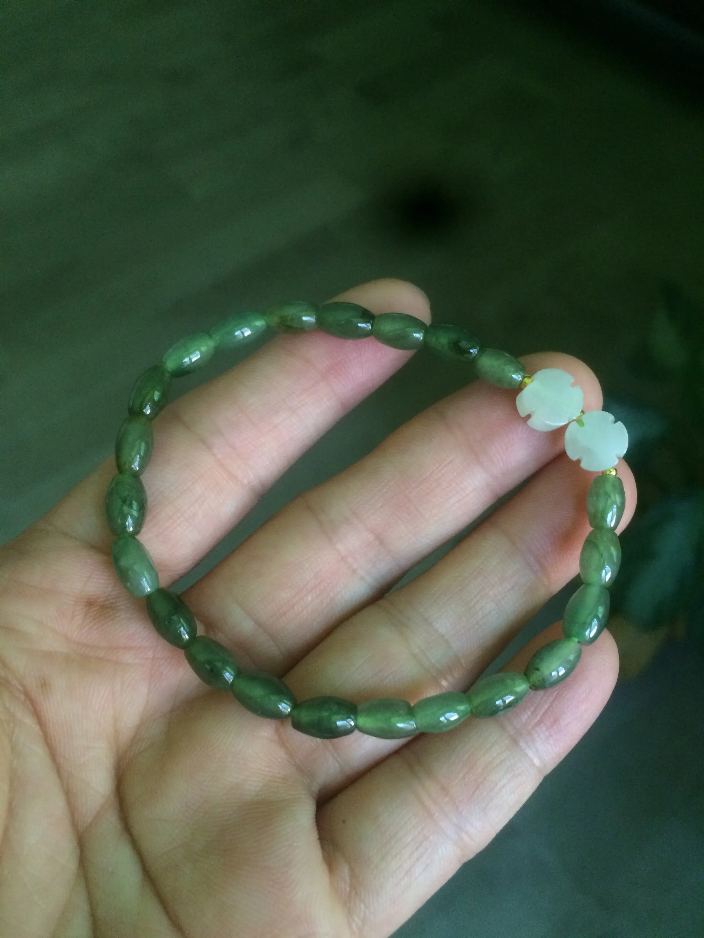 100% natural green/white Icy watery type A jadeite jade olive ancient Chinese coin/four-leaf clover bead bracelet  AS32