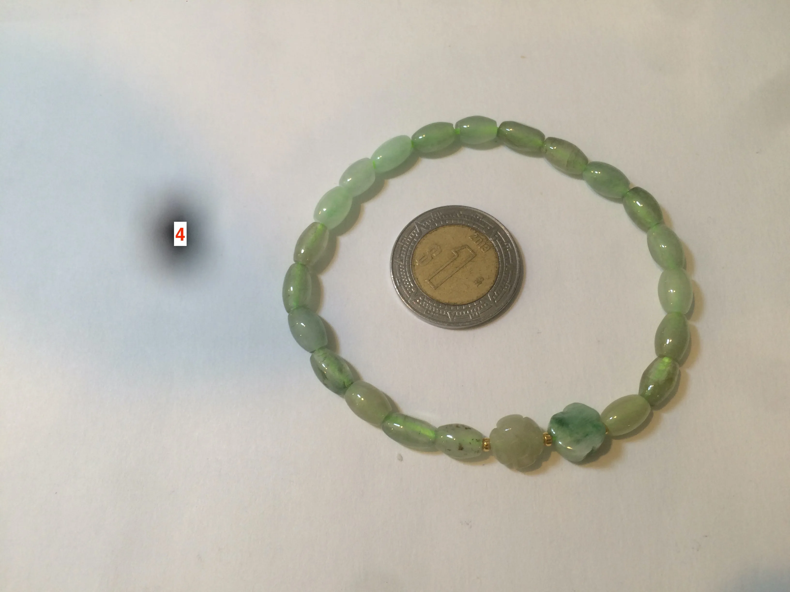 100% natural green/white Icy watery type A jadeite jade olive ancient Chinese coin/four-leaf clover bead bracelet  AS32