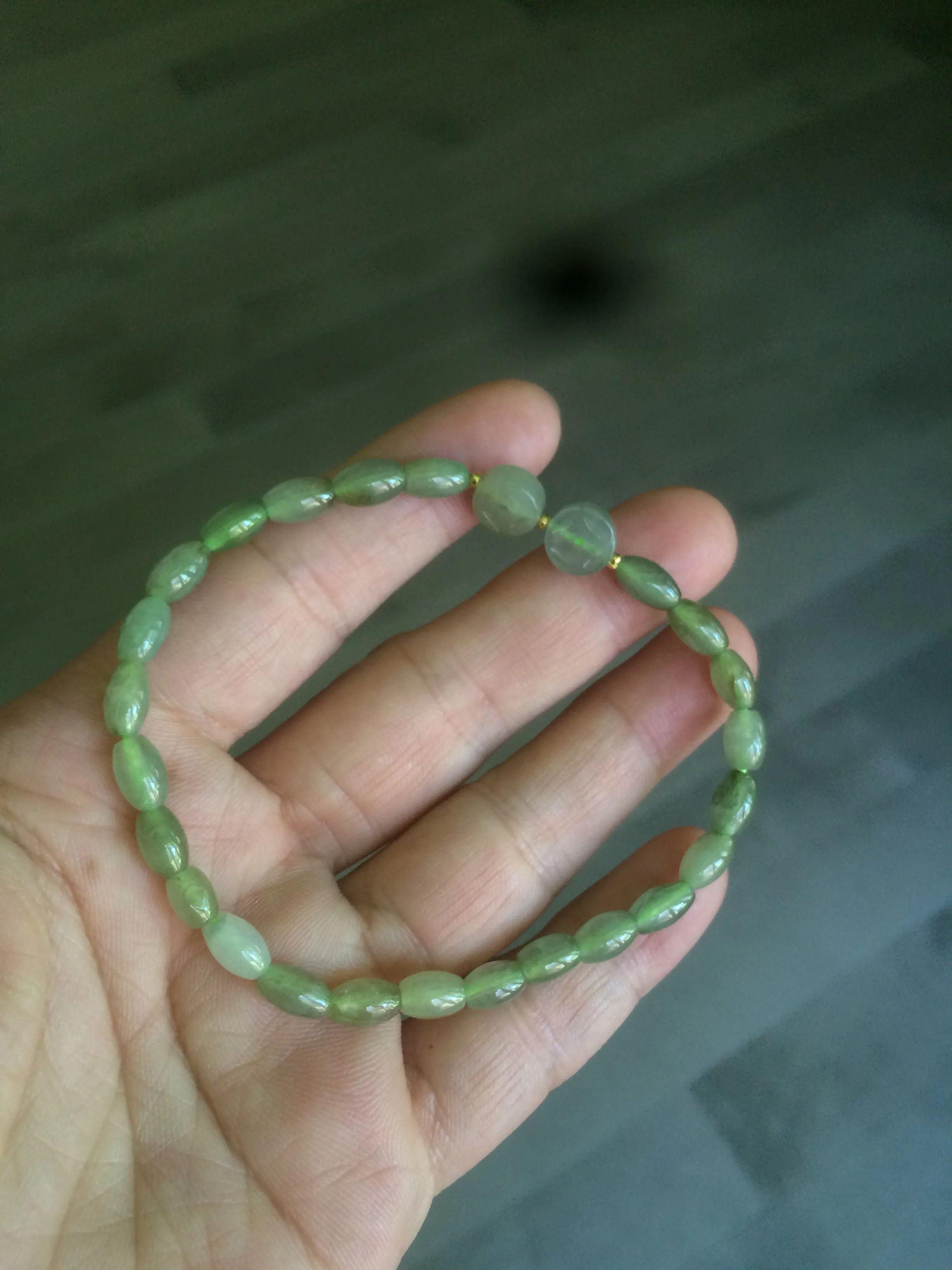 100% natural green/white Icy watery type A jadeite jade olive ancient Chinese coin/four-leaf clover bead bracelet  AS32