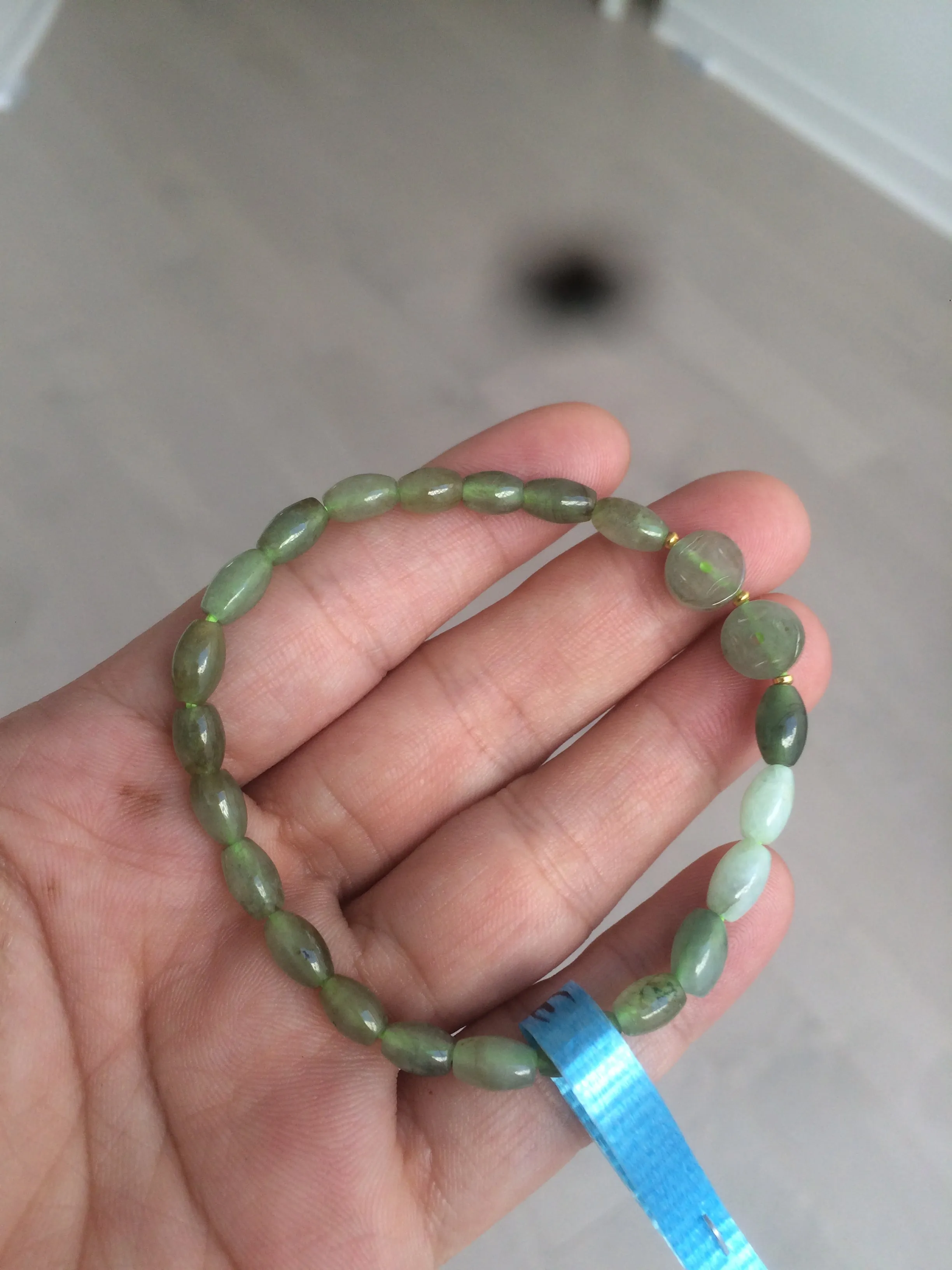 100% natural green/white Icy watery type A jadeite jade olive ancient Chinese coin/four-leaf clover bead bracelet  AS32