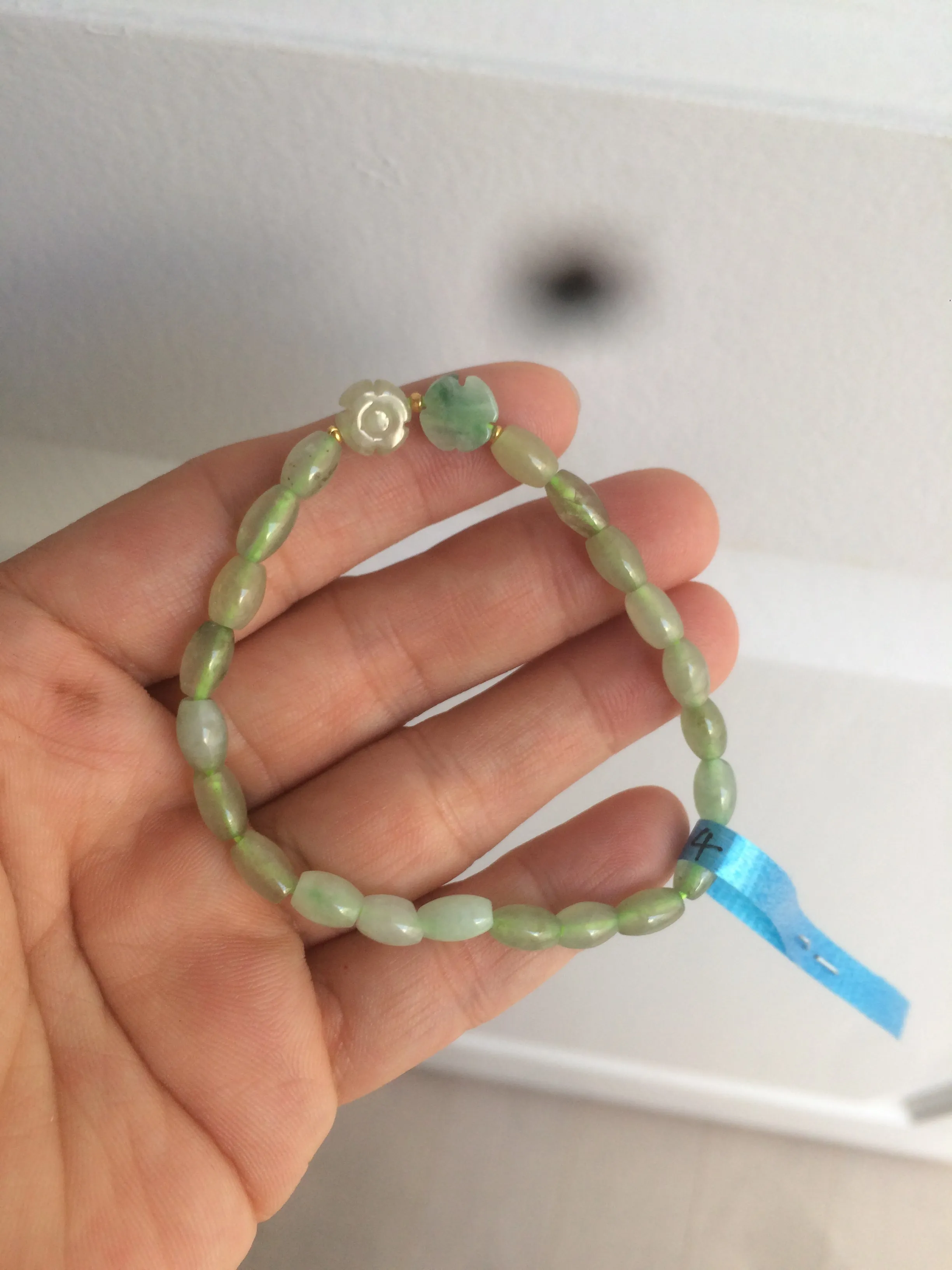 100% natural green/white Icy watery type A jadeite jade olive ancient Chinese coin/four-leaf clover bead bracelet  AS32