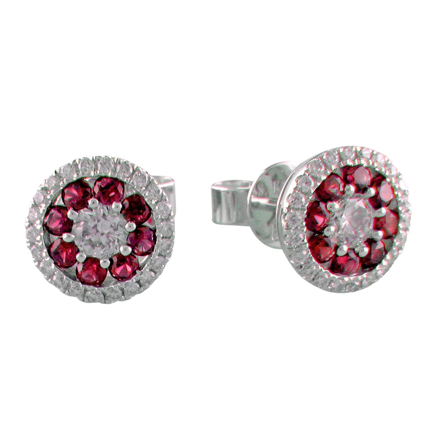 14K White Gold Ruby & Diamond Round Halo Cluster Stud Earrings