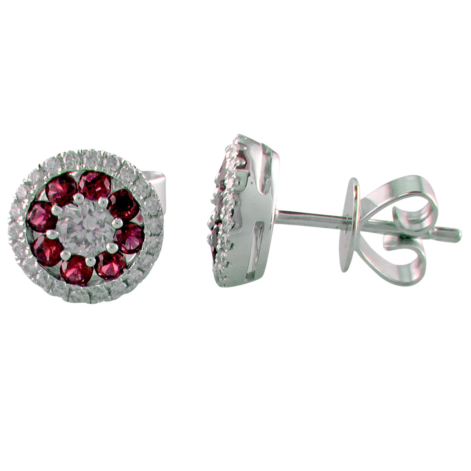 14K White Gold Ruby & Diamond Round Halo Cluster Stud Earrings