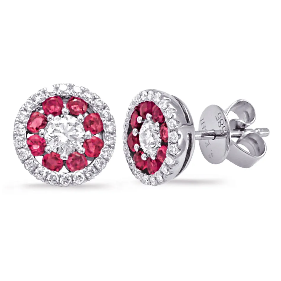 14K White Gold Ruby & Diamond Round Halo Cluster Stud Earrings