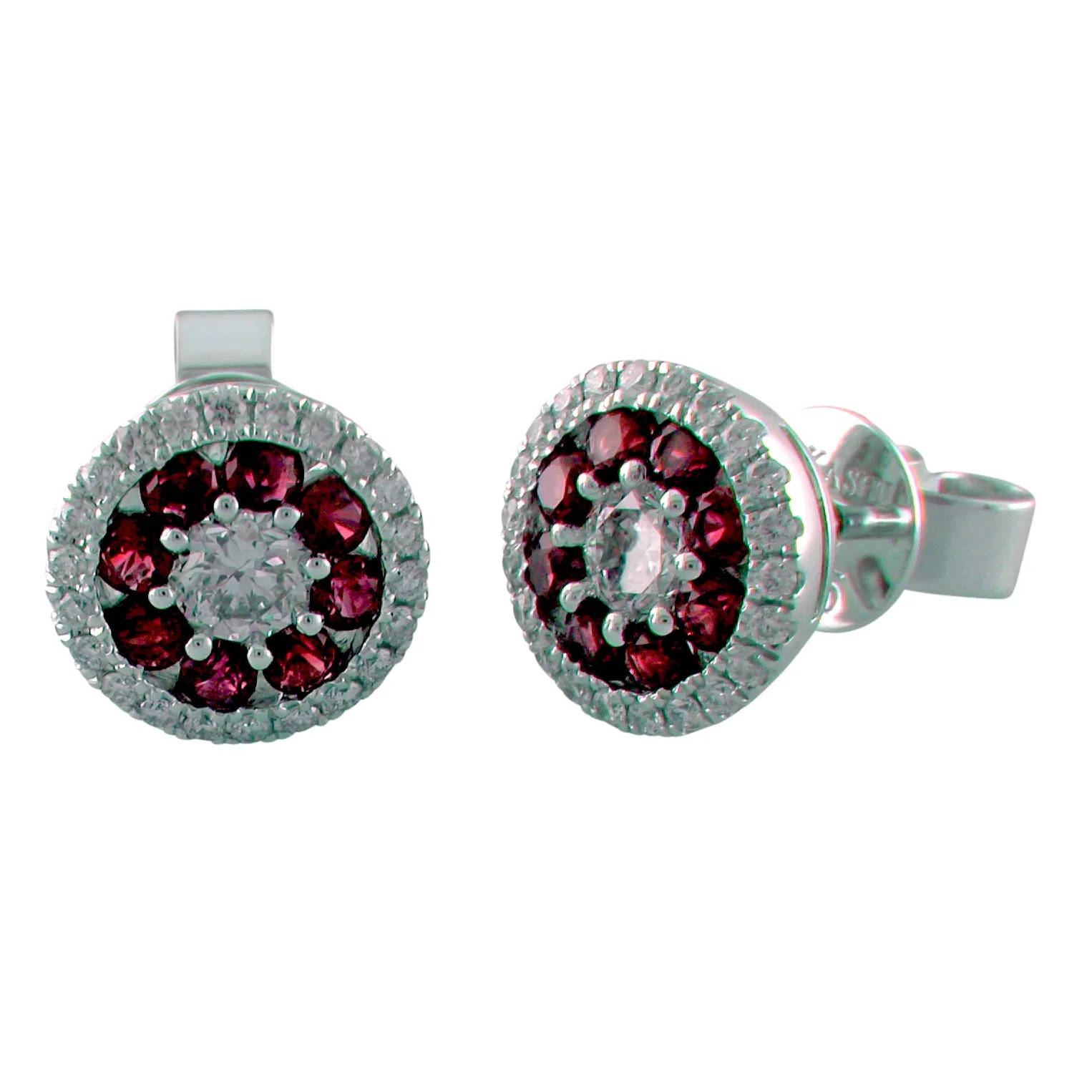 14K White Gold Ruby & Diamond Round Halo Cluster Stud Earrings