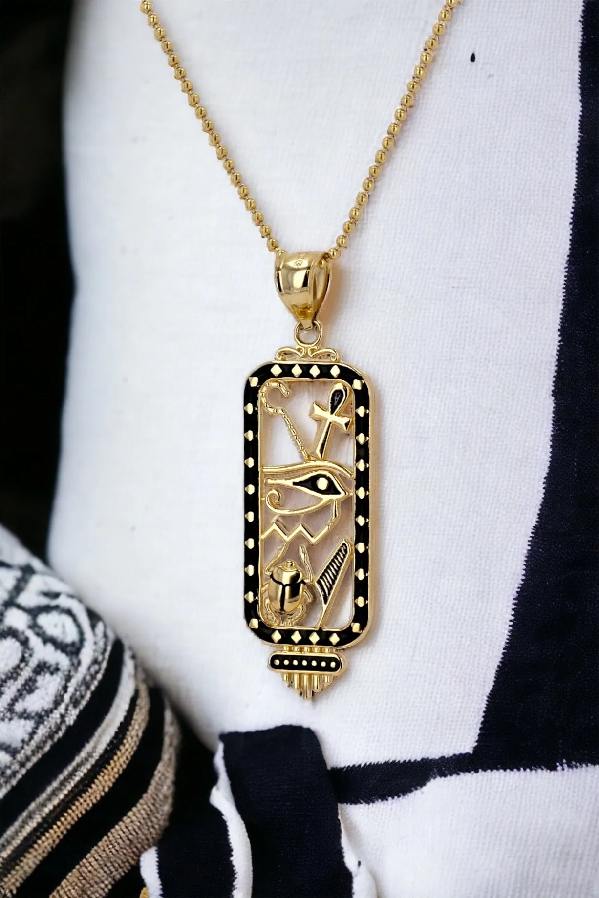 14K Yellow gold  Egyptian hieroglyph lucky amulet necklace