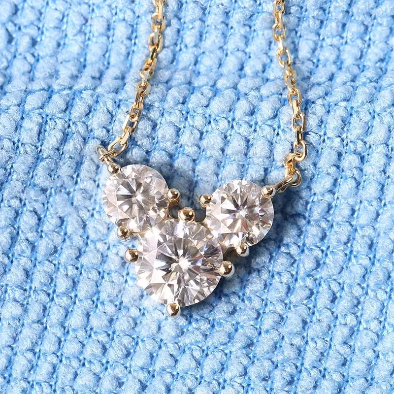 18k Yellow Gold 3 Stone Moissanite Necklace 2ct Total