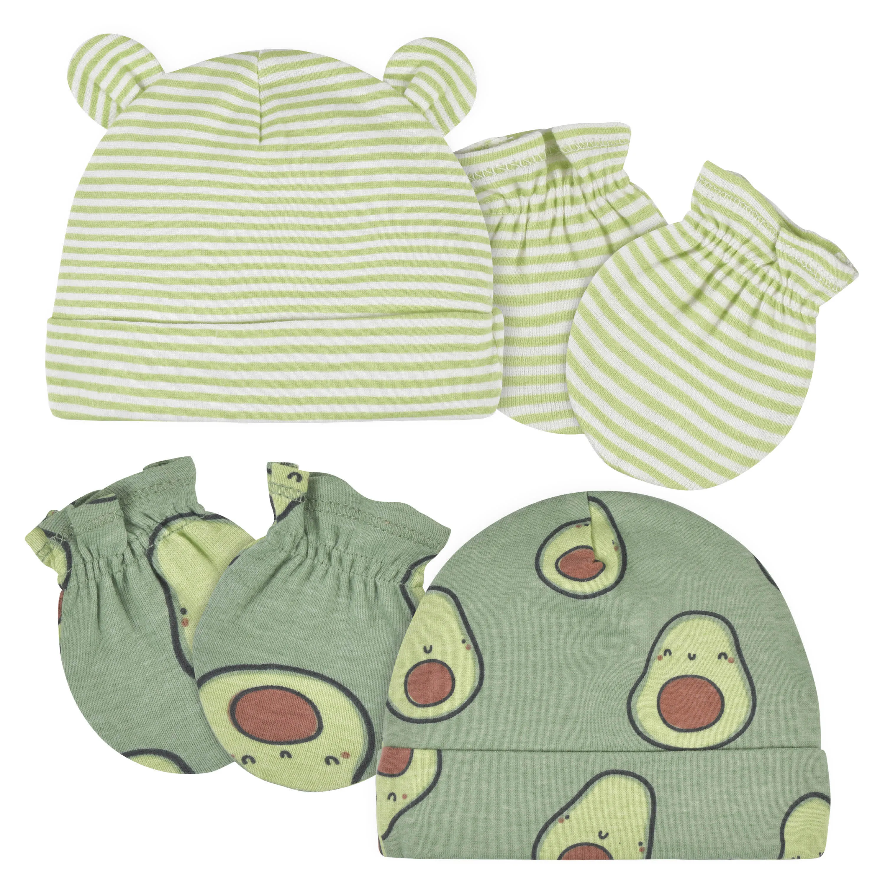 4-Piece Baby Neutral Comfy Stretch Avocado Caps & No Scratch Mittens Set