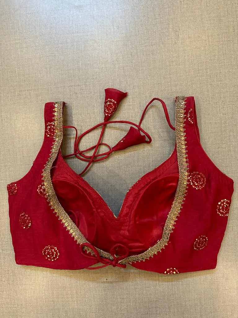 50V492-RO Red Embroidered Sleeveless Saree Blouse