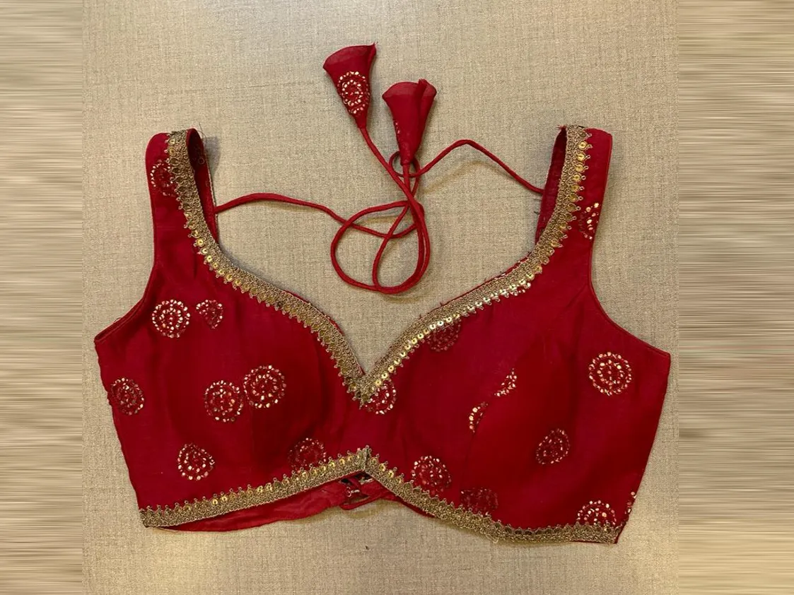 50V492-RO Red Embroidered Sleeveless Saree Blouse