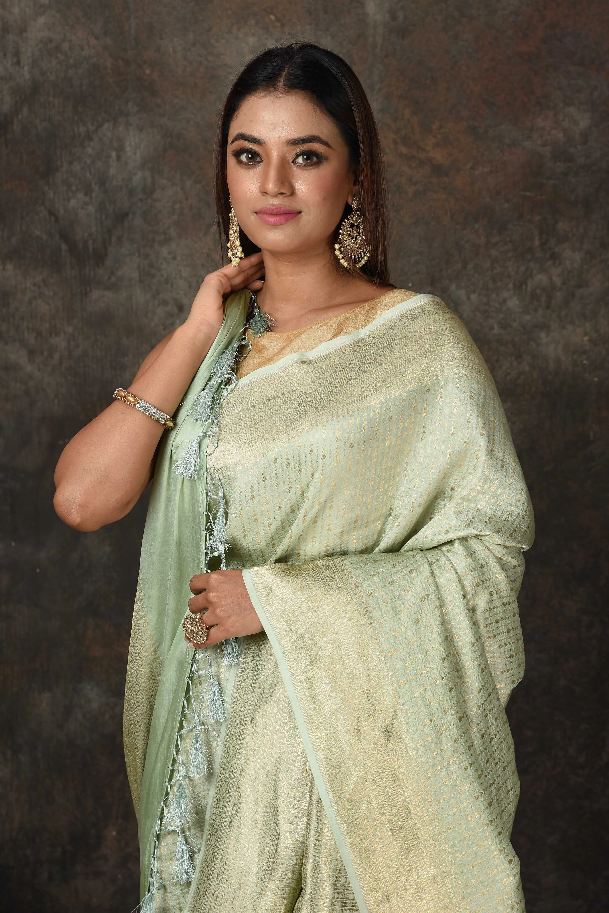 90N477-RO Mint Green Banarasi Saree with Overall Zari Work