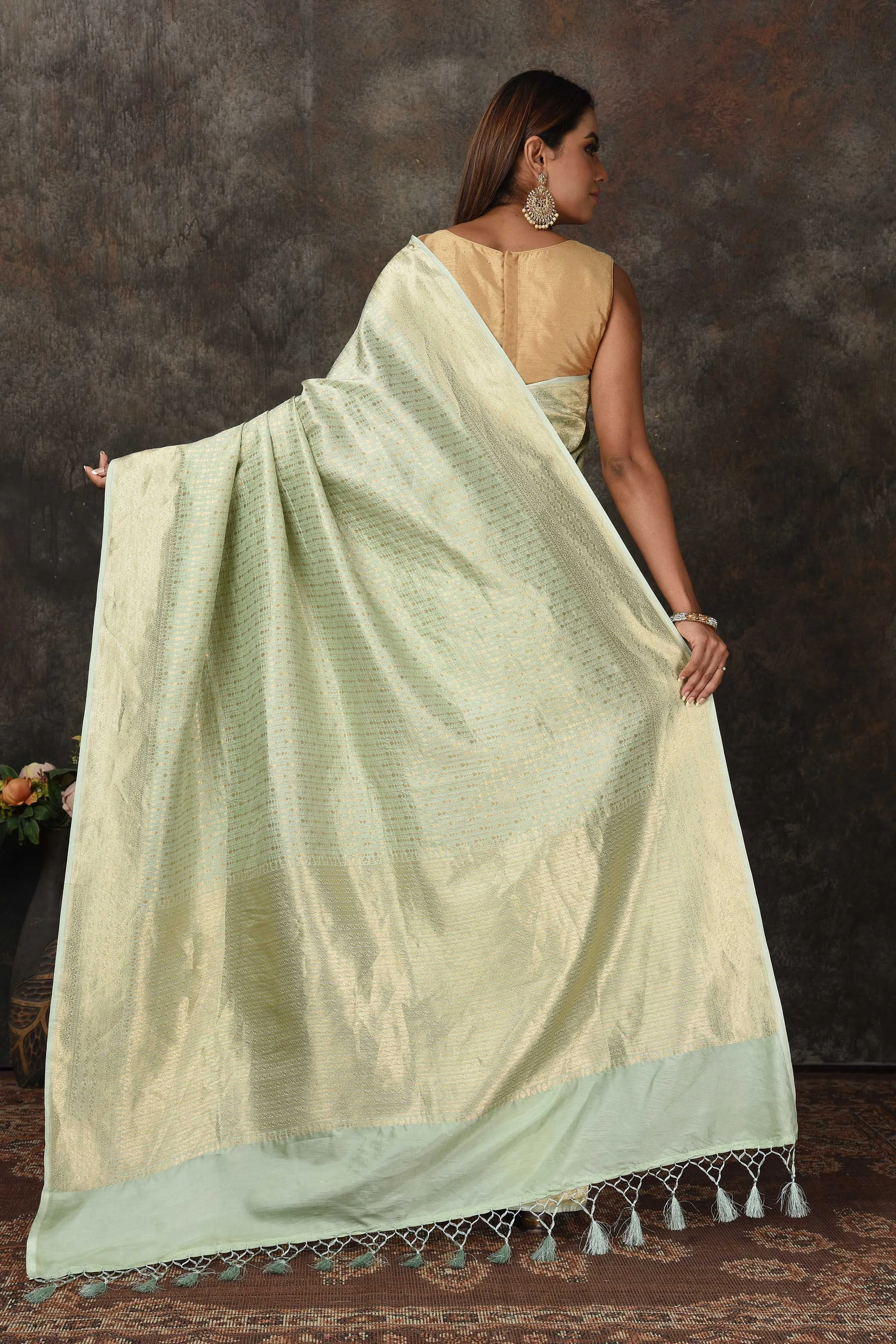 90N477-RO Mint Green Banarasi Saree with Overall Zari Work