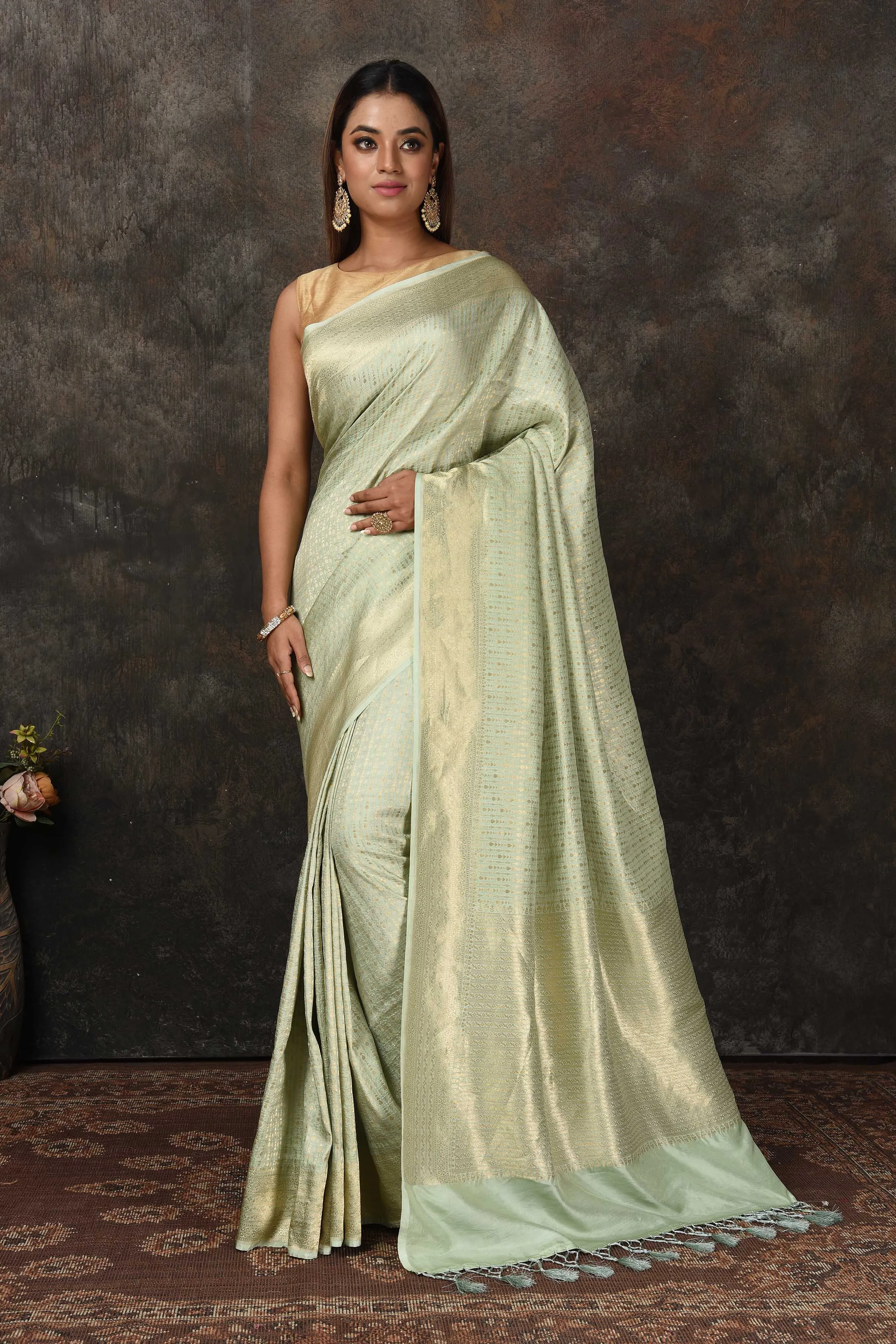 90N477-RO Mint Green Banarasi Saree with Overall Zari Work