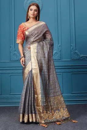 91A045 Blue Stripes Tissue Kora Silk Sari with Red Saree Blouse