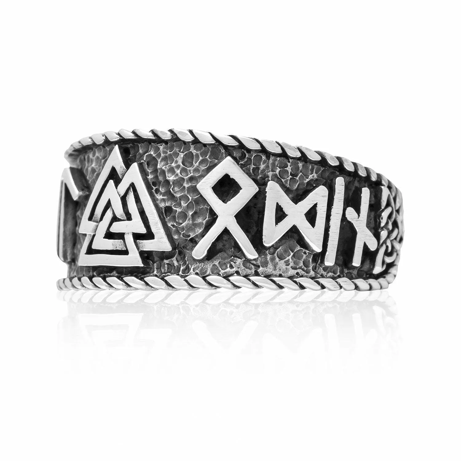 925 Sterling Silver Valknut and Runes Oxidized Ring