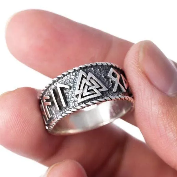 925 Sterling Silver Valknut and Runes Oxidized Ring