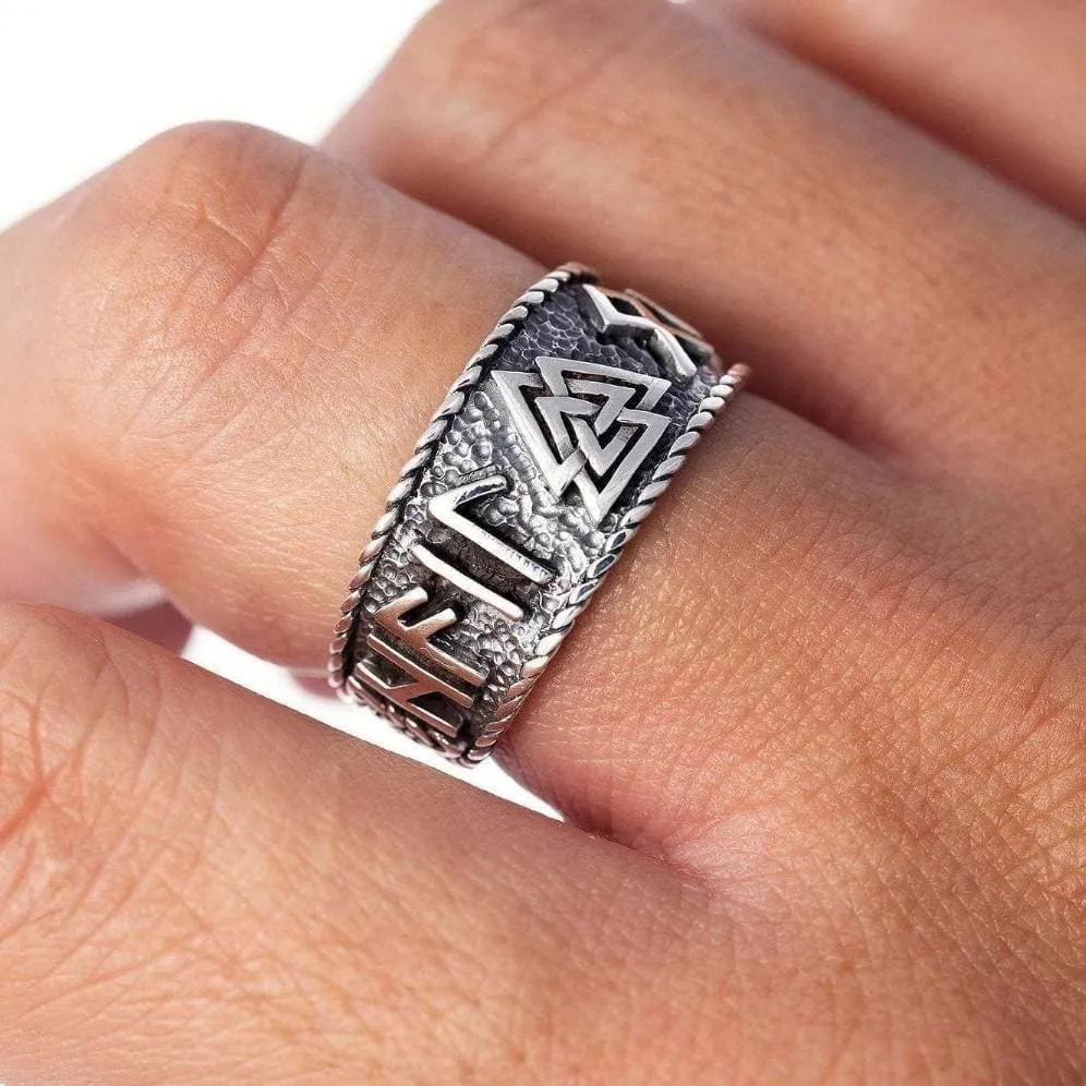 925 Sterling Silver Valknut and Runes Oxidized Ring