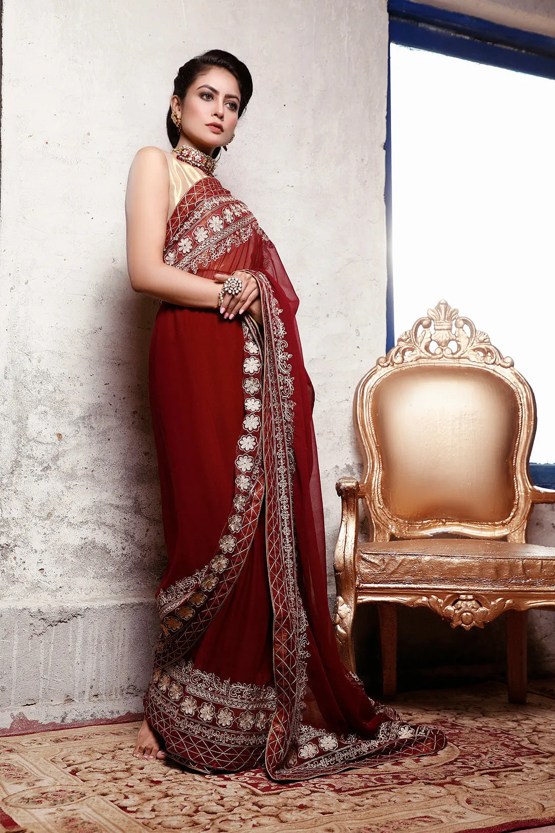 Aari Embroidered Brocade Chiffon Saree | SIRA | SR202058