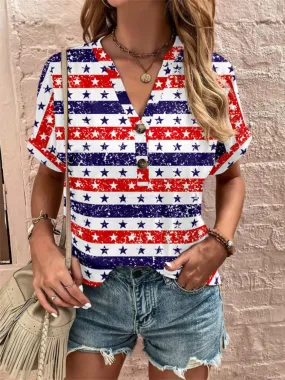 American Flag Plus Size Printed Notched Short Sleeve Blouse