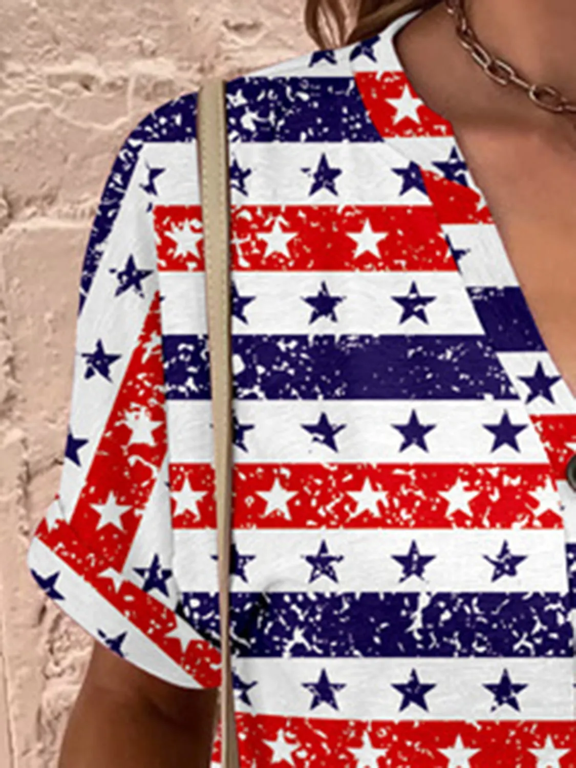 American Flag Plus Size Printed Notched Short Sleeve Blouse