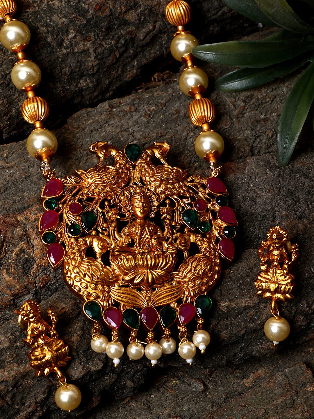 Antique Matte Gold Finish Goddess Laxmi Green Stone Studded Temple Jewellery Set - Anikas Creation