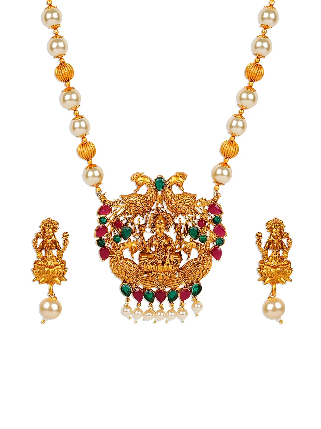 Antique Matte Gold Finish Goddess Laxmi Green Stone Studded Temple Jewellery Set - Anikas Creation