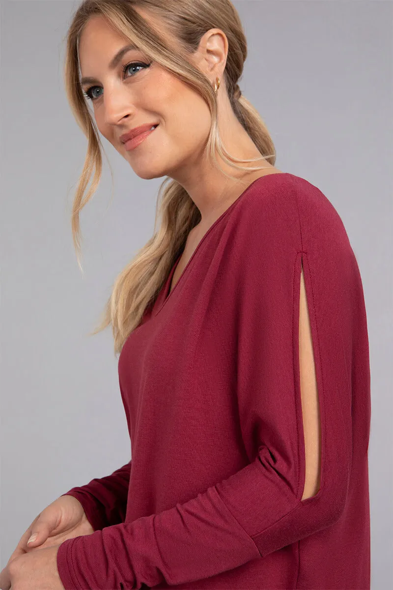 Bamboo Cotton V-Neck Slit Sleeve Top | Cherry