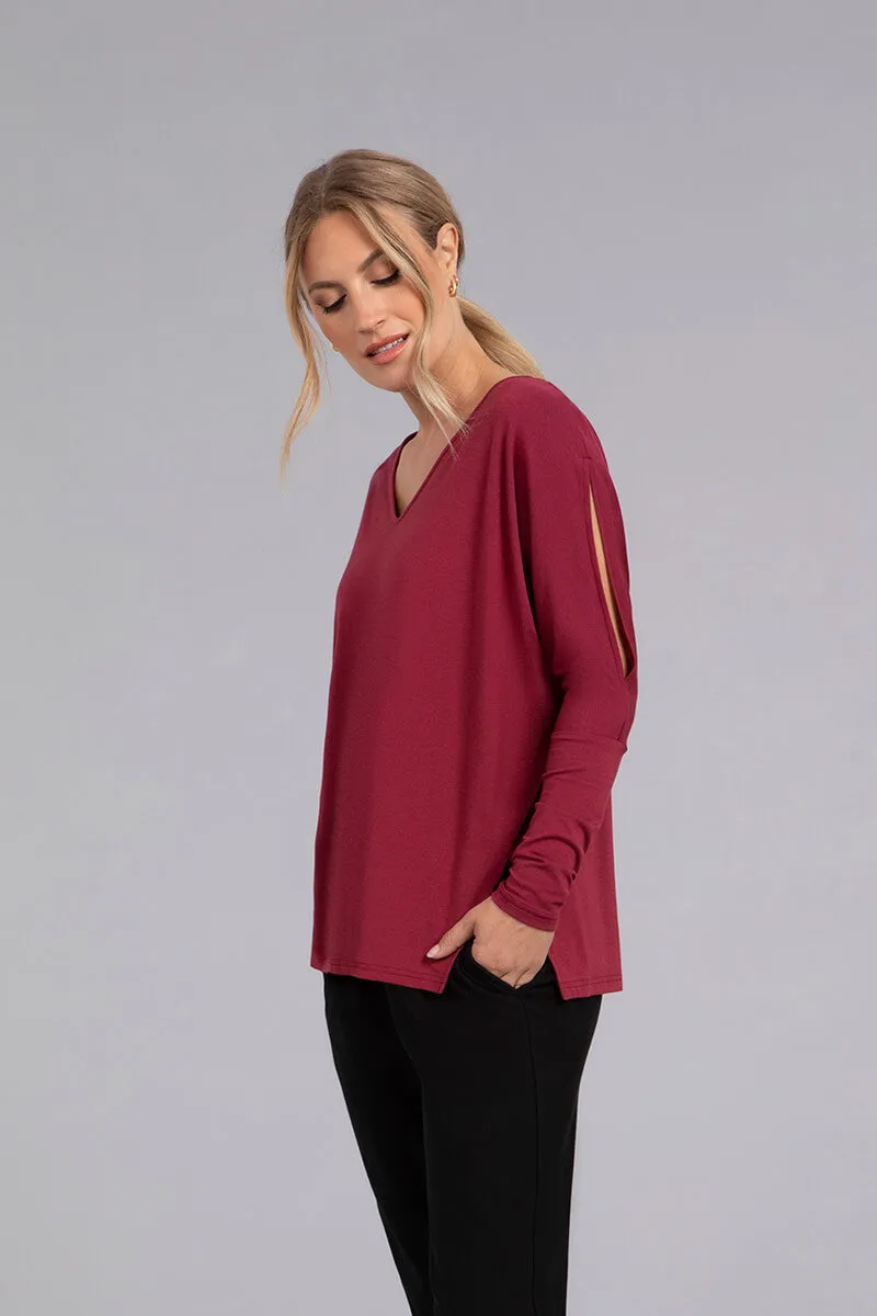 Bamboo Cotton V-Neck Slit Sleeve Top | Cherry