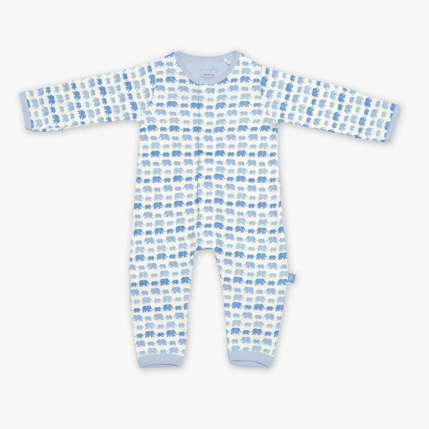 blue dancing elephants organic cotton magnetic coverall