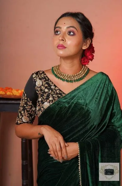 Bottle Green Viscose Velvet Designer Saree