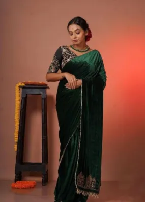 Bottle Green Viscose Velvet Designer Saree